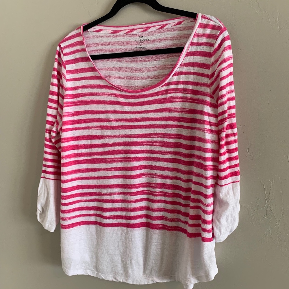 Talbots 1X 3/4 sleeve white & pink cotton shirt